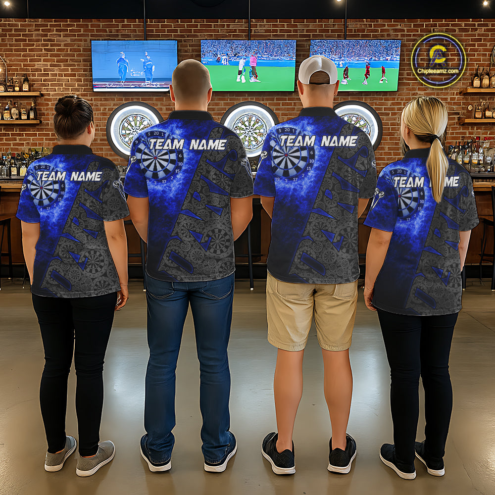 Custom Mens Dart Polo & Quarter Zip Shirt Pattern Dartboard Blue Flames Darts Team Jersey NYN2867