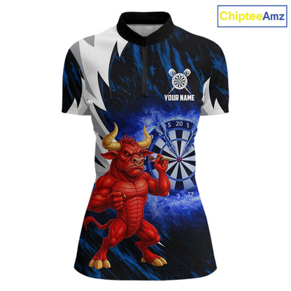 Personalized Blue Dartboard Flame Dart Polo & Quarter Zip Shirt Funny Bull Darts Attire For Women NYN2870