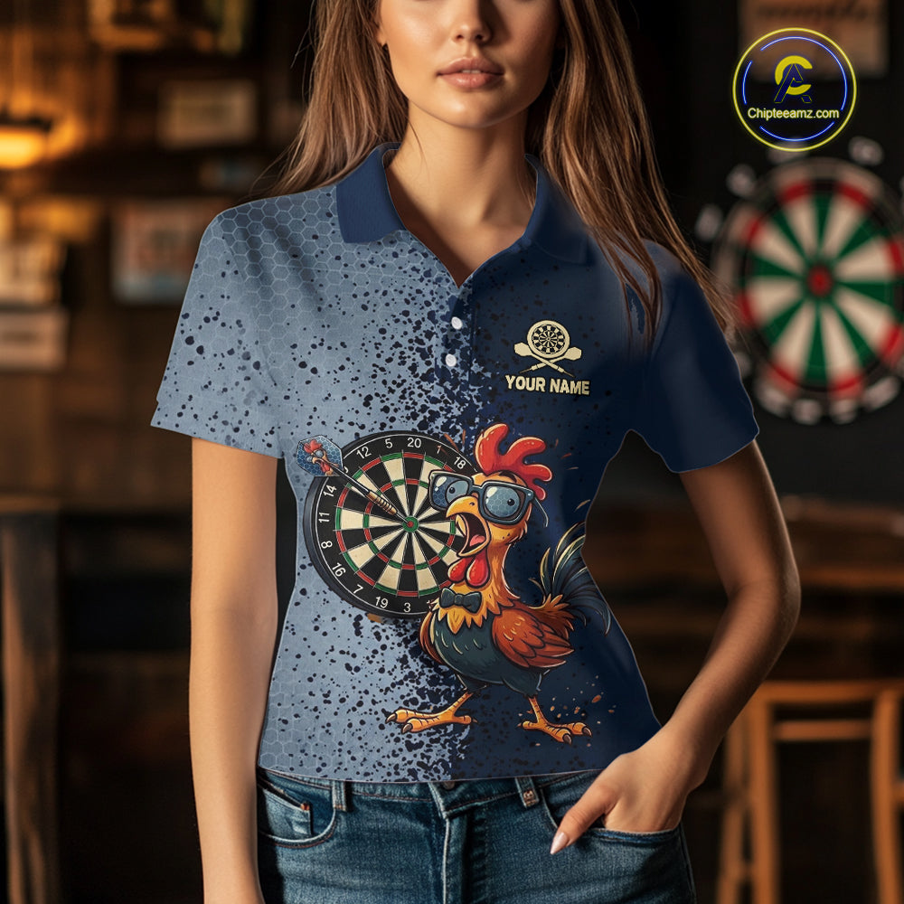 Blue Hexagon Splatter Funny Rooster Darts Polo & 1/4-Zip Shirt Custom Dart Jersey For Women NYN3082