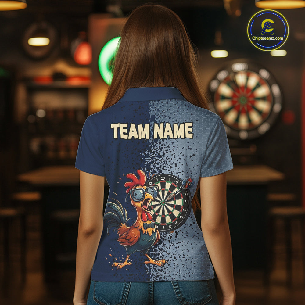 Blue Hexagon Splatter Funny Rooster Darts Polo & 1/4-Zip Shirt Custom Dart Jersey For Women NYN3082
