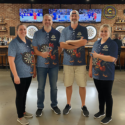 Blue Hexagon Splatter Funny Rooster Darts Polo & 1/4-Zip Shirt Custom Dart Jersey For Women NYN3082