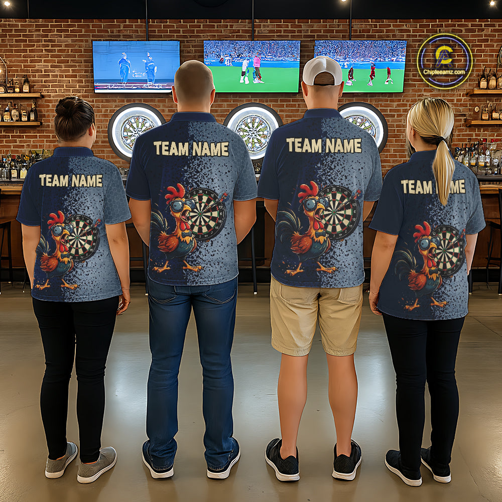 Blue Hexagon Splatter Funny Rooster Darts Polo & 1/4-Zip Shirt Custom Dart Jersey For Women NYN3082