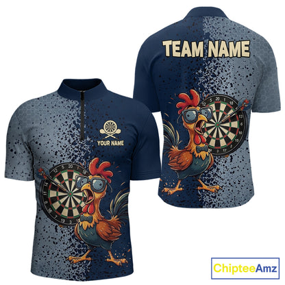 Blue Hexagon Splatter Funny Rooster Darts Polo & 1/4-Zip Shirt Custom Dart Jersey For Men NYN3082