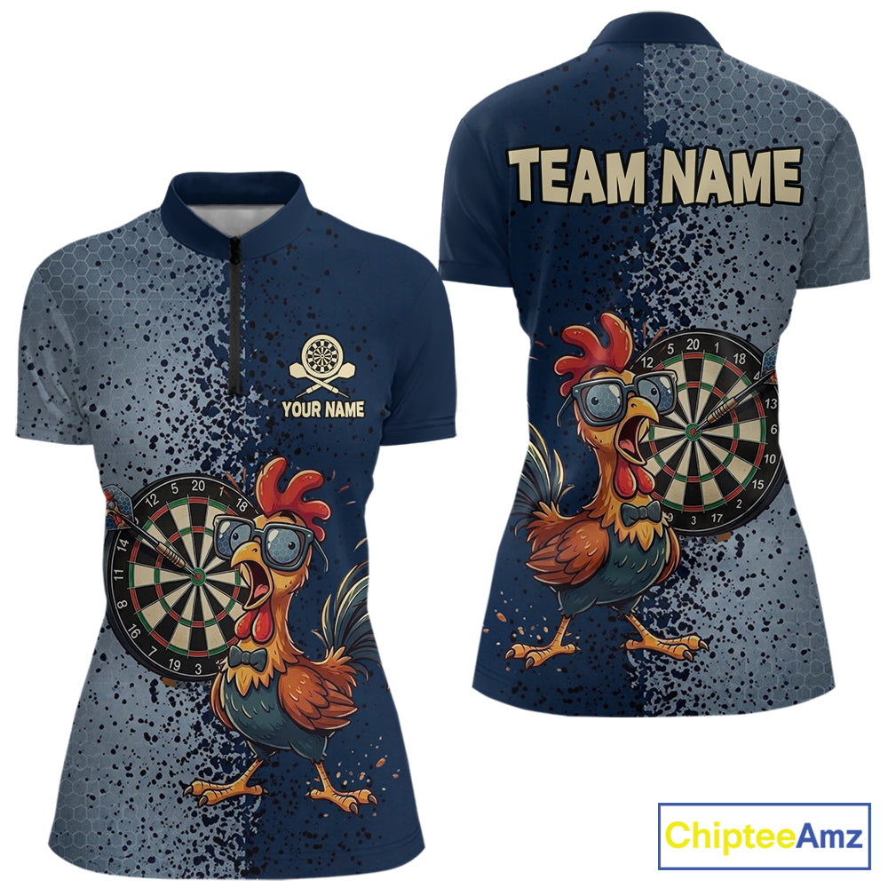Blue Hexagon Splatter Funny Rooster Darts Polo & 1/4-Zip Shirt Custom Dart Jersey For Women NYN3082