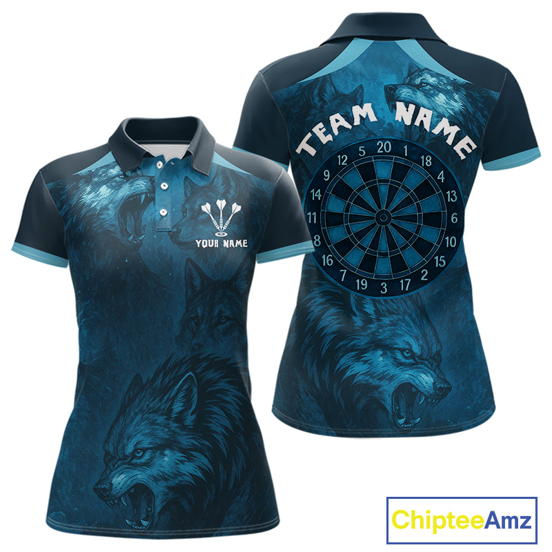 Women’s Team Darts Shirt With Dark Navy Wolves And Grunge Dartboard Pattern NYN0306