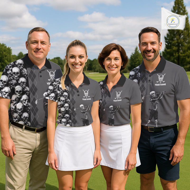 Golf team wearing Grey Skeleton Golf Polo Shirts, custom skull golf uniforms, Halloween golf tournament apparel, personalized golf club jerseys, gothic golf team clothing.