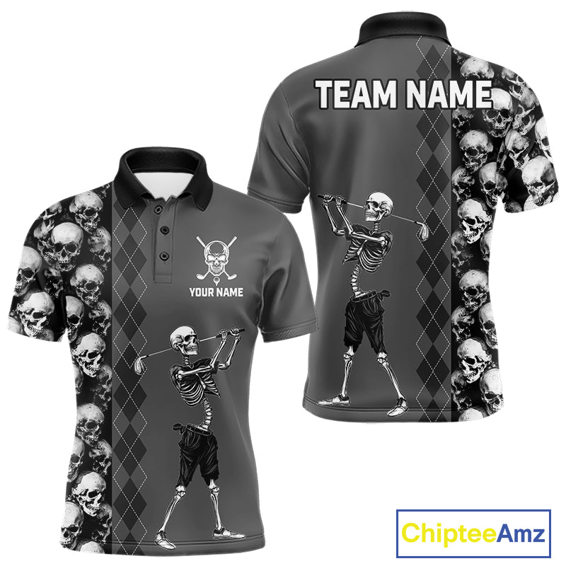 Grey Skeleton Men's Golf Polo Shirt mockup with skull graphic, personalized golf shirt, custom name golf polo, Halloween golf apparel, moisture-wicking performance golf jersey, gothic sports fashion.