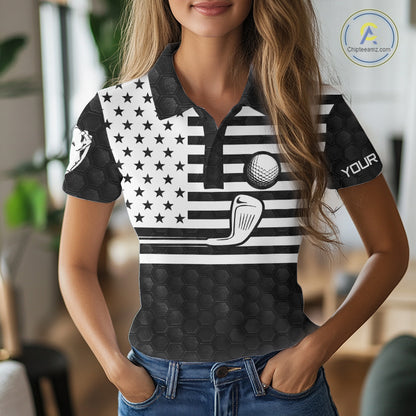 Women's model wearing Skull US Flag Golf Polo Shirt, patriotic golf fashion, oversized golf apparel, matching couple golf outfit, USA golf clothing.