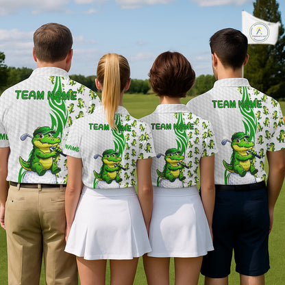 Golf team wearing Funny Alligator Golf Polo Shirts, custom golf uniforms, wildlife mascot golf apparel, golf outing jerseys, personalized golf tournament clothing.