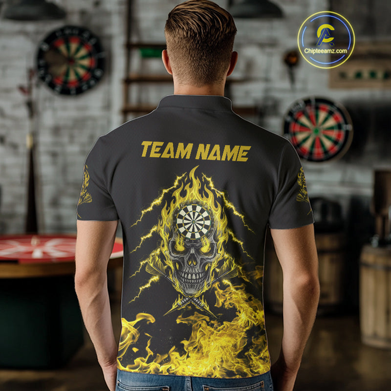 Custom Yellow Flames Skull Dart Arrow Dart Men Polo Jerseys Flame Dart Team Shirt NYN1709