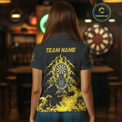 Custom Yellow Flames Skull Dart Arrow Women Men Polo Jerseys Flame Dart Team Shirt NYN1709