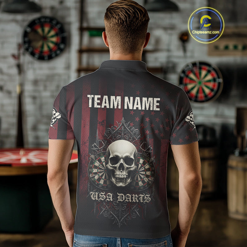 Custom Red Gothic Skulls Dartboard Patriotic Men Darts Polo Shirt US Flag Darts Jersey NYN1974