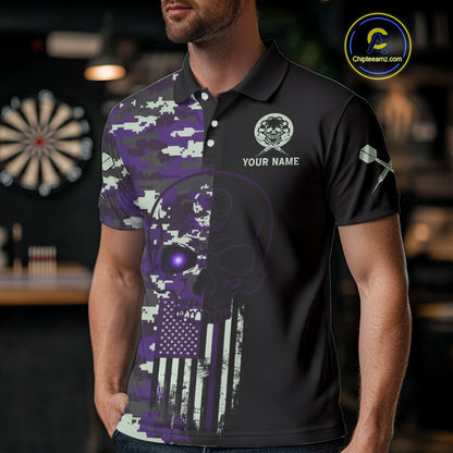 Black And Purple US Flag Digital Camo Skull Custom Men Darts Polo Shirt Dart Gifts NYN1984