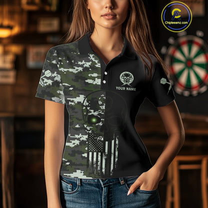 Black Green Military US Flag Digital Camo Skull Custom Men Darts Polo Shirt Dart Gifts NYN1986