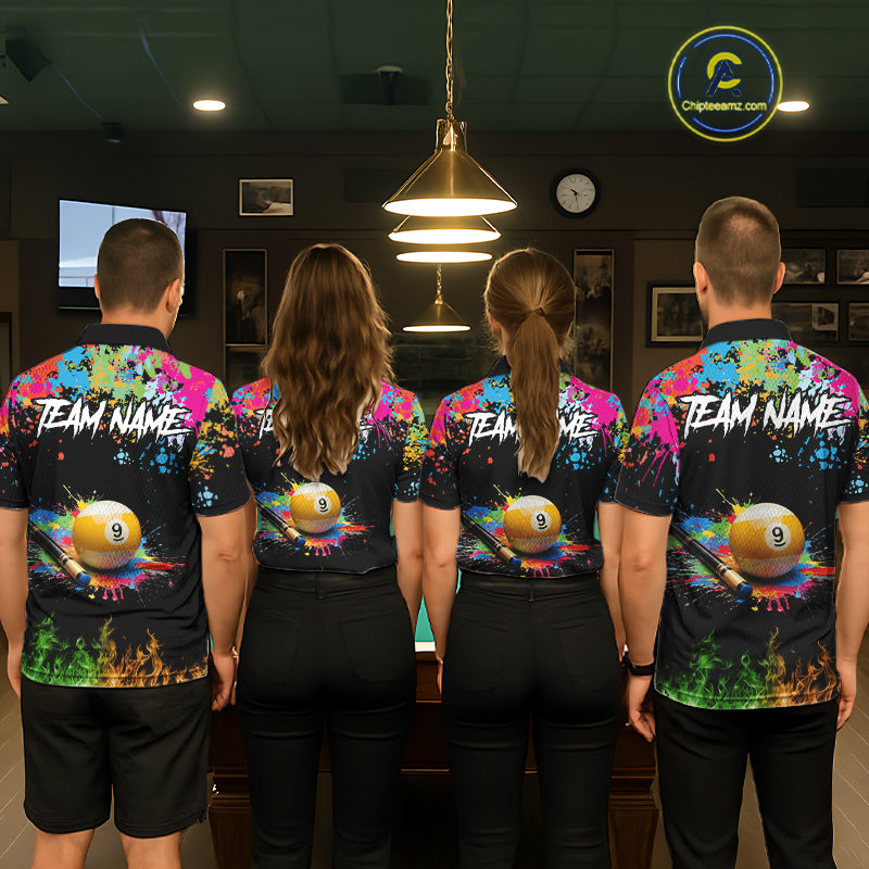 Colorful Paint & Flame 9 Ball Billiard Shirt For Men Personalized Cue Billiard Team Shirt NYN3089