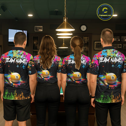 Colorful Paint & Flame 9 Ball Billiard Shirt For Men Personalized Cue Billiard Team Shirt NYN3089