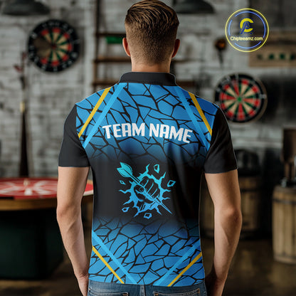 Men’s Custom Darts Shirt With Blue Cracked Pattern And Fist Holding Dart Arrow NYN0311