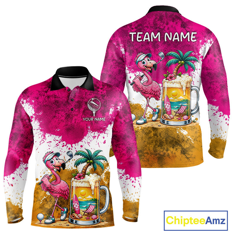 Yellow - Pink Grunge Mens Golf Polo Shirt Custom Flamingo Summer Tropical Golf Team Clothing NYN3263