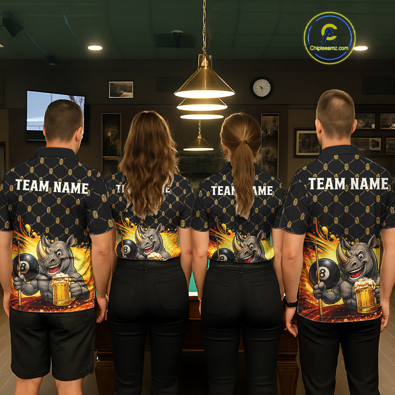 Men women billiard team wearing Beer Funny Rhino custom pool uniforms, funny team billiard jerseys