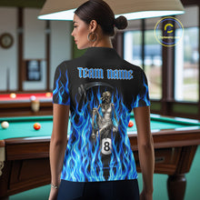 Load image into Gallery viewer, Female pool player wearing Blue Grim Reaper fire flame billiard jersey during APA league competition