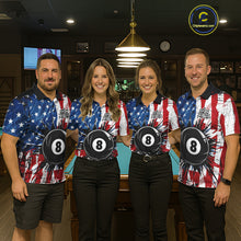Load image into Gallery viewer, Men women billiard team wearing American Flag Strikes 8 Ball custom patriotic pool uniforms, USA billiards team jerseys