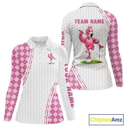 Funny Womens Golf Polo Shirt Custom Crown Flamingo Pink Argyle Pattern Golf Clothing Shirts NYN2876