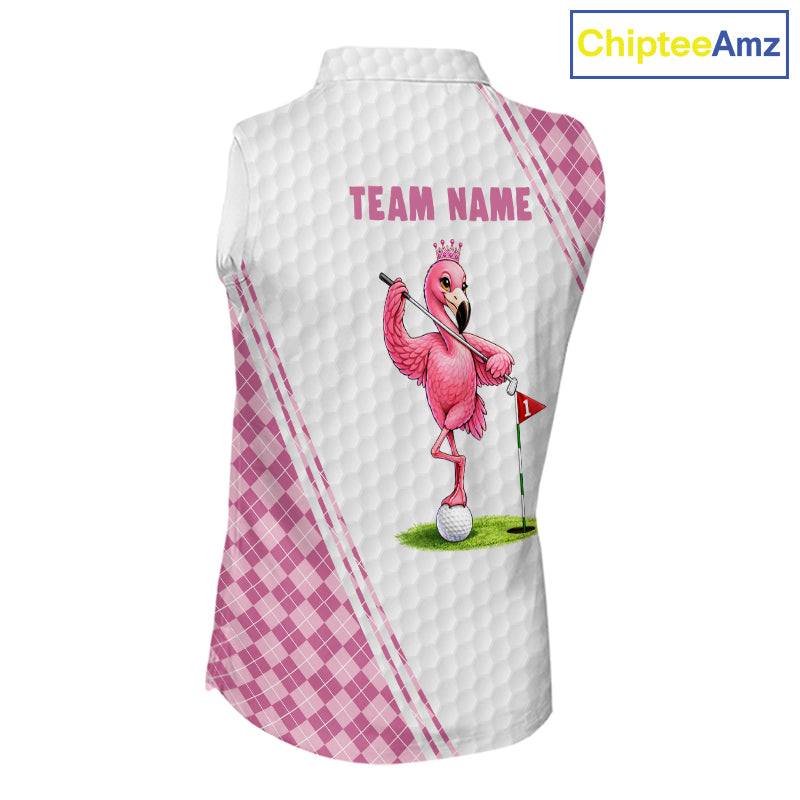 Funny Womens Golf Sleeveless Polo Shirt Custom Crown Flamingo Pink Argyle Pattern Golf Clothing Shirts NYN2876