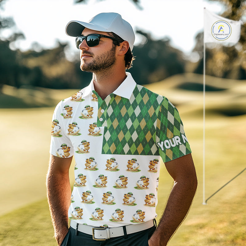 Funny Duck Polo Shirt Mens Golf Polo Shirts Custom Green Argyle Pattern Duck Golf Shirts NYN2879