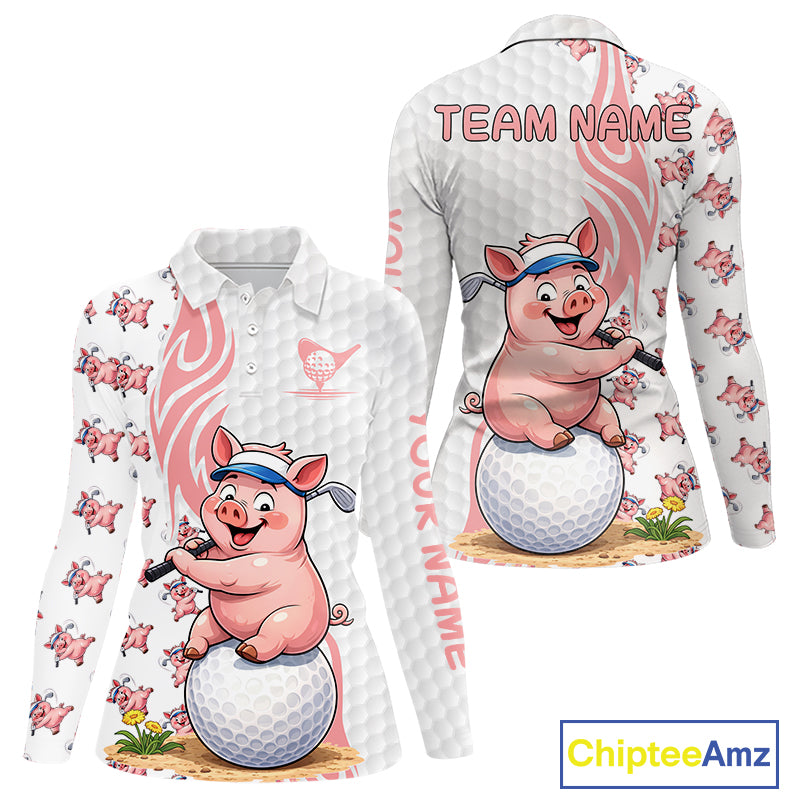 Funny Pig Polo Shirt Womens Golf Polo Shirts Custom Golfing Pig White Golf Pattern Golf Shirts NYN2883