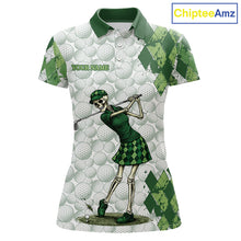Load image into Gallery viewer, Funny Womens Golf Polo Shirt Custom Green Argyle Pattern Golf Ball Personalized Skull Golf Shirts NYN3100
