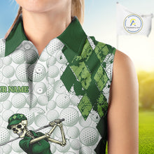 Load image into Gallery viewer, Funny Womens Golf Sleeveless Polo Shirt Custom Green Argyle Pattern Golf Ball Personalized Skull Golf Shirts NYN3100
