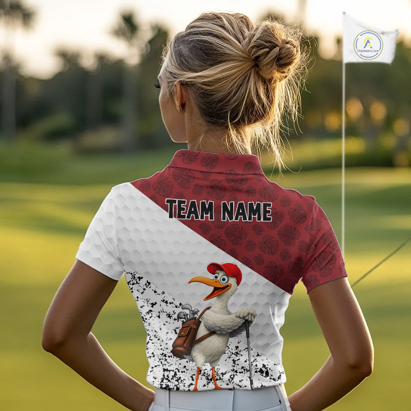 Funny Duck Golfer Womens Golf Polo Shirt Custom Black Grunge Tropical Team Golf Shirts | Red NYN3101