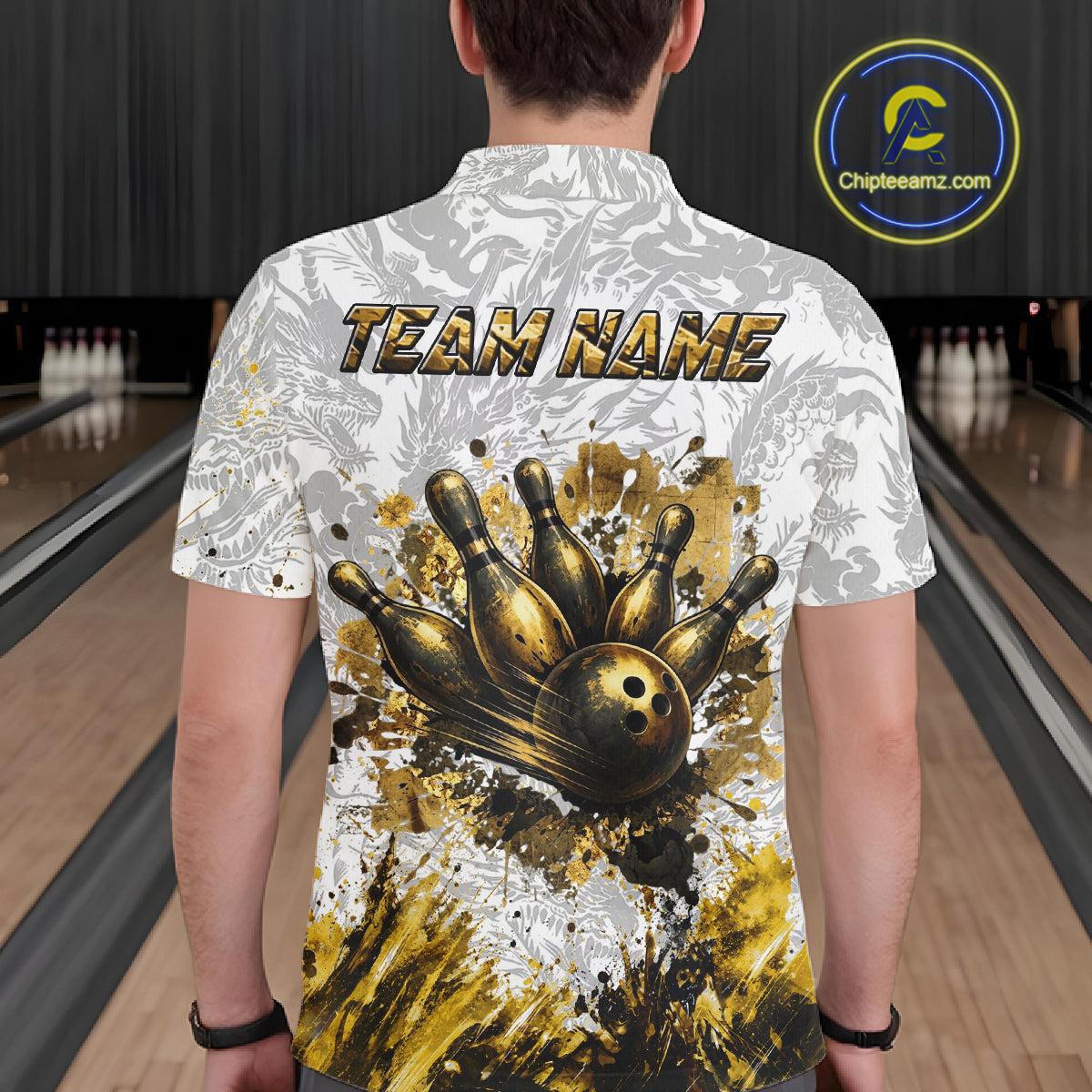 Splatter Black & Gold Bowling Polo & 1/4-Zip Shirt For Men Custom Gray Dragon Bowling Team Jersey NYN3269