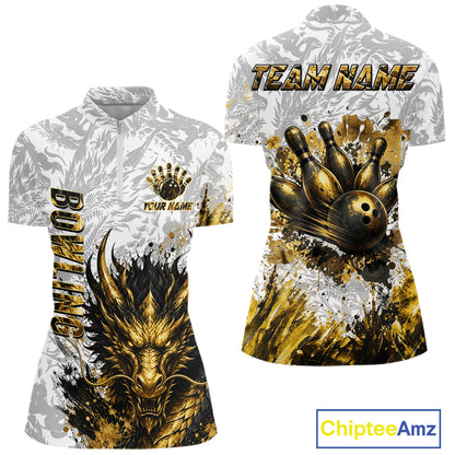 Splatter Black & Gold Bowling Polo & 1/4-Zip Shirt For Women Custom Gray Dragon Bowling Team Jersey NYN3269