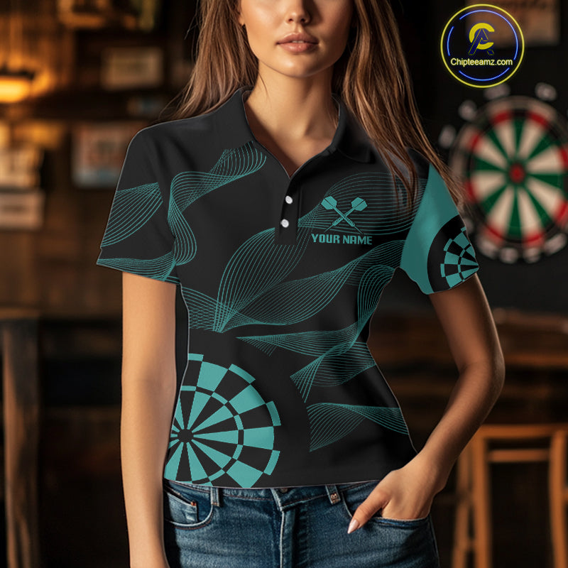 Turquoise Dartboard Waving Lines Darts Shirt For Women - Custom Name & Team Jersey NYN0586