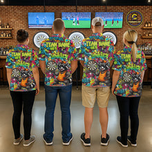 Load image into Gallery viewer, Men women darts team wearing Cool Raccoon custom dart uniforms, funny dart league jerseys