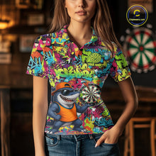 Load image into Gallery viewer, Female darts player wearing Cool Shark Dartboard Graffiti jersey during professional darts competition