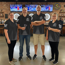 Load image into Gallery viewer, Men women darts team wearing Black White Dartboard custom uniforms, professional dart league jerseys