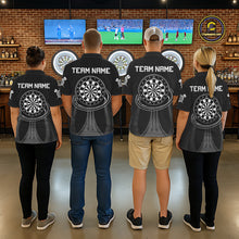 Load image into Gallery viewer, Men women darts team wearing Black White Dartboard custom uniforms, professional dart league jerseys
