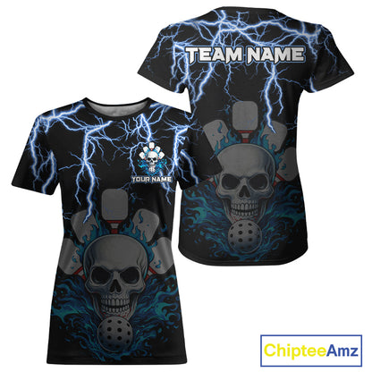 Custom Thunder Blue Flaming Skull Paddle & Ball Pickleball Jerseys Women Pickleball Shirts NYN2229