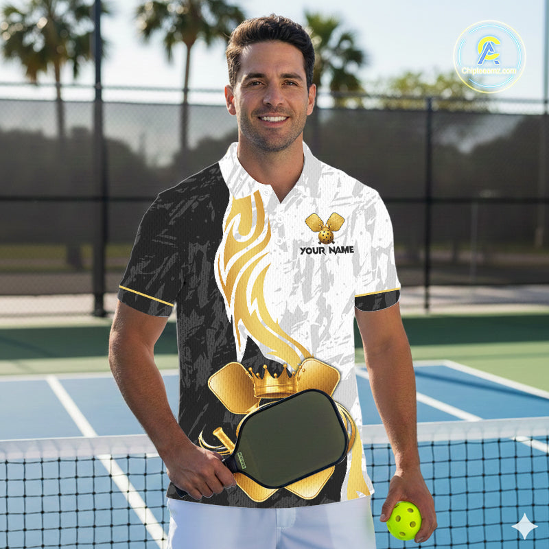 Black-White Gold Crown Pickleball Paddle & Ball Jerseys Custom Men Pickleball League Shirts NYN2234