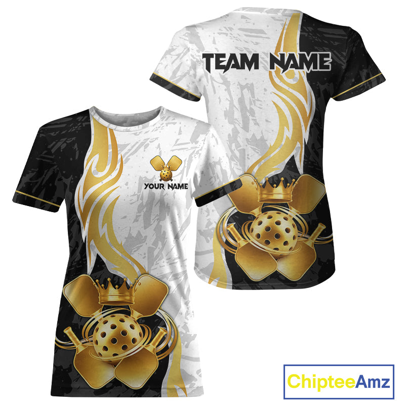 Black-White Gold Crown Pickleball Paddle & Ball Jerseys Custom Women Pickleball League Shirts NYN2234