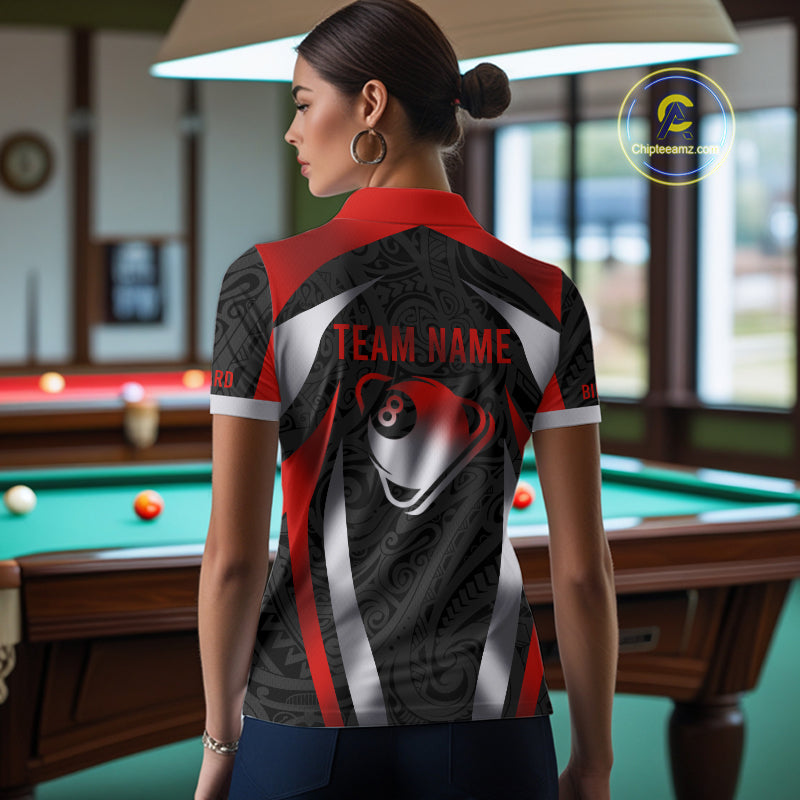 Personalized 8 Ball Pool Women Billiard Shirts Gradient Red & Silver Tribal Billiard Pool Apparel NYN2896