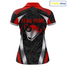 Load image into Gallery viewer, Personalized 8 Ball Pool Women Billiard Shirts Gradient Red &amp; Silver Tribal Billiard Pool Apparel NYN2896