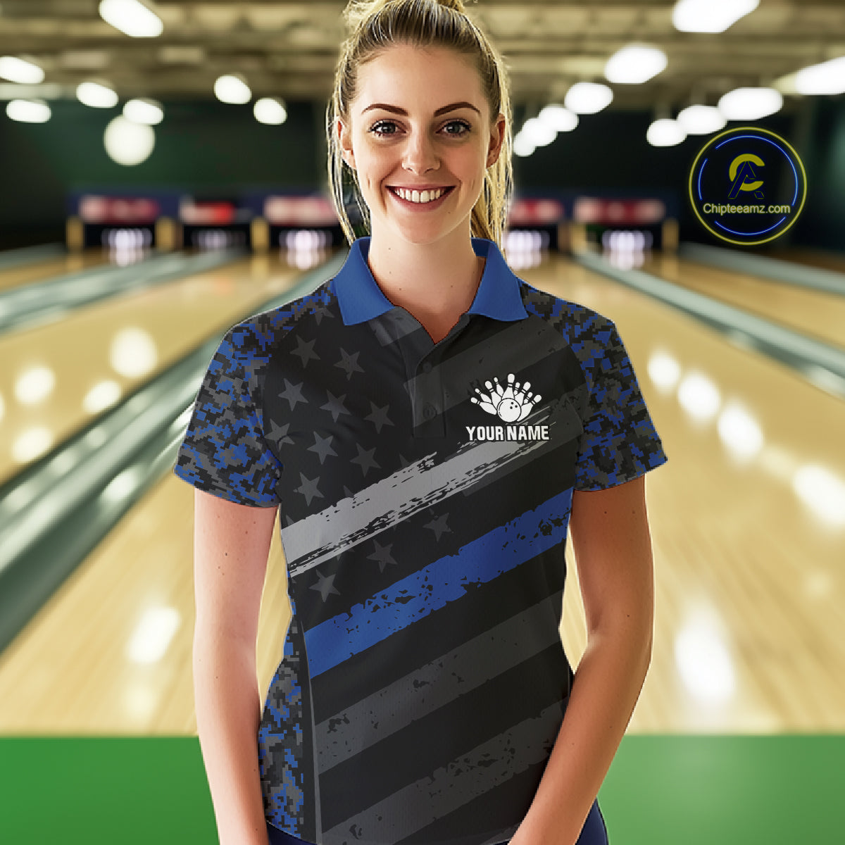 Female model wearing Grey Blue American Flag bowling polo shirt during bowling tournament, patriotic custom jersey, athletic lifestyle, freedom, leadership, American pride