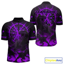 Load image into Gallery viewer, Custom Purple Flaming Dinosaurs Dartboard Quarter-Zip Dart Shirt For Men Dinosaur Dart Jerseys NYN2006