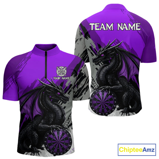 Purple Grunge Dragon Dartboard Custom Men Darts Quarter-Zip League Shirts Dragon Dart Jerseys NYN2238