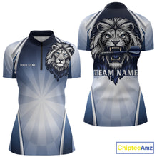 Load image into Gallery viewer, Personalized Blue And Silver Funny Lion Darts Shirt Lion Darts Polo &amp; 1/4-Zip For Women Darts Gifts NYN2899
