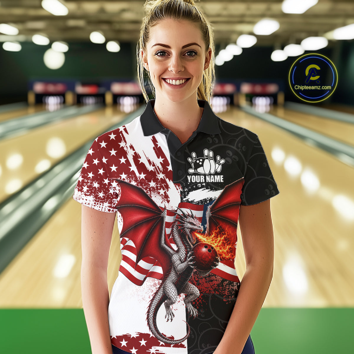 Red, White And Black US Flag Women Bowling Shirt Custom Patriotic Dragon Fire Flame Bowling Team Jersey NYN3276