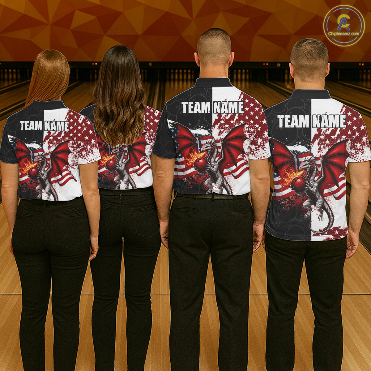 Red, White And Black US Flag Women Bowling Shirt Custom Patriotic Dragon Fire Flame Bowling Team Jersey NYN3276